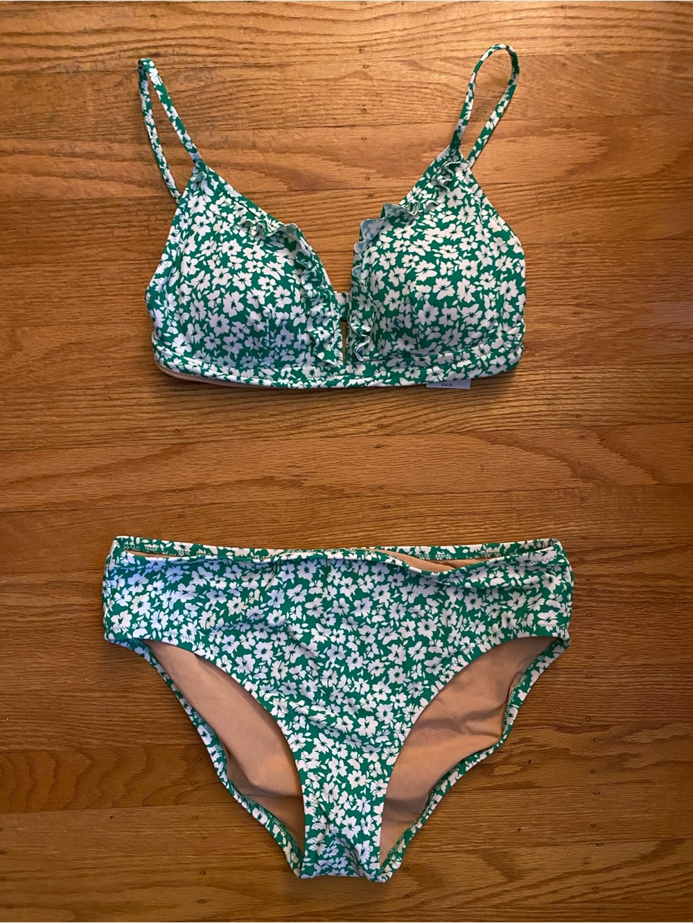 J. Crew Kelly Green and White Floral Women's French Ruffled Bikini Size Medium